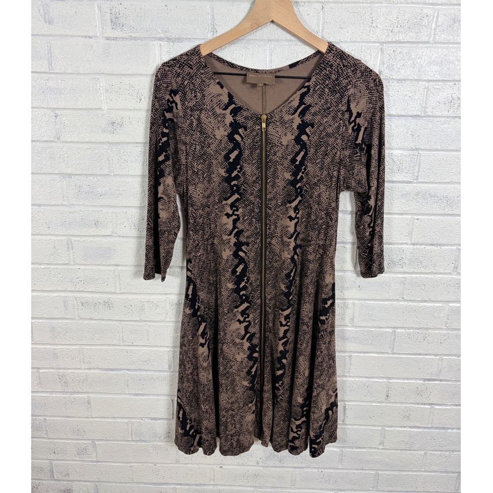 Bel Kazan Fit Flare Dress Womens L Zip Front Snake Print 3/4 Sleeve Stretch